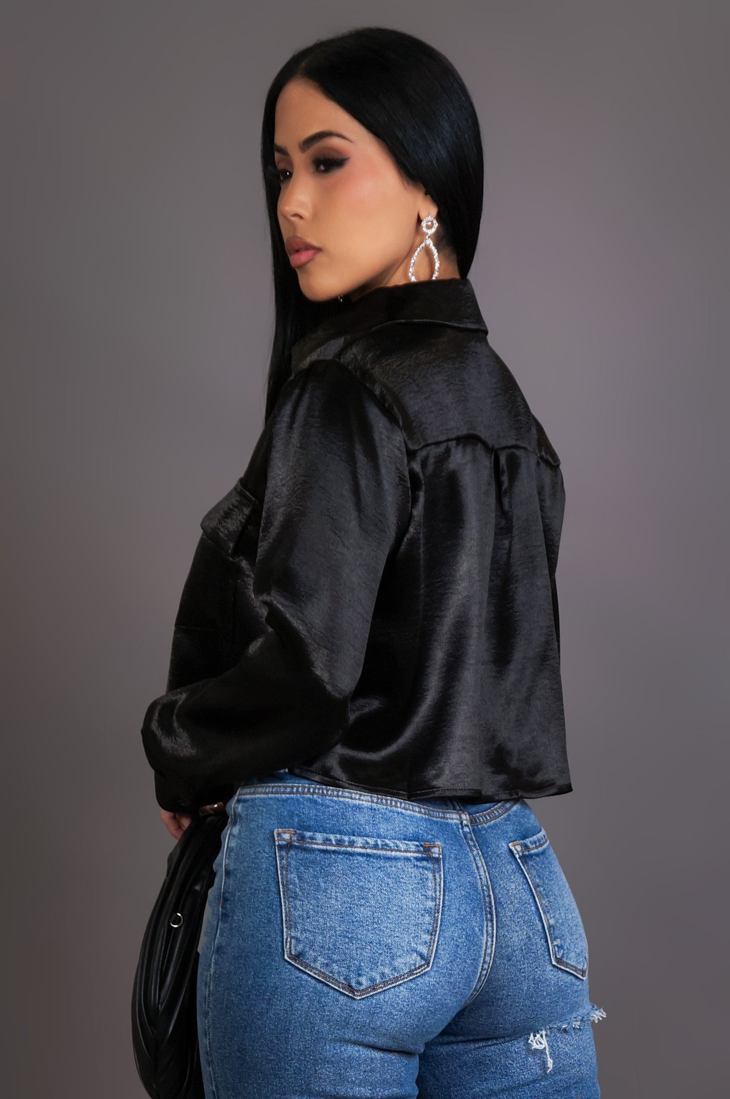 Black Satin Collared Fitted Long Sleeve Crop Top (XS–L)