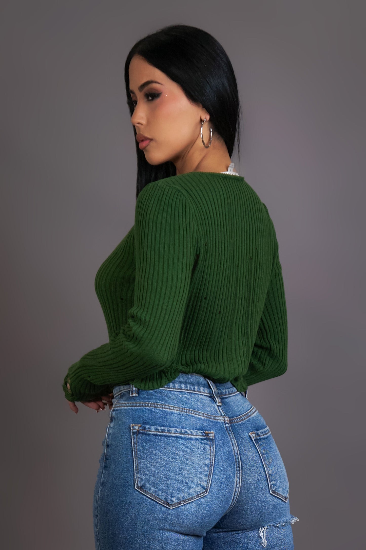 Green Ribbed Button-Up Fitted Long Sleeve Crop Top (XS–L)