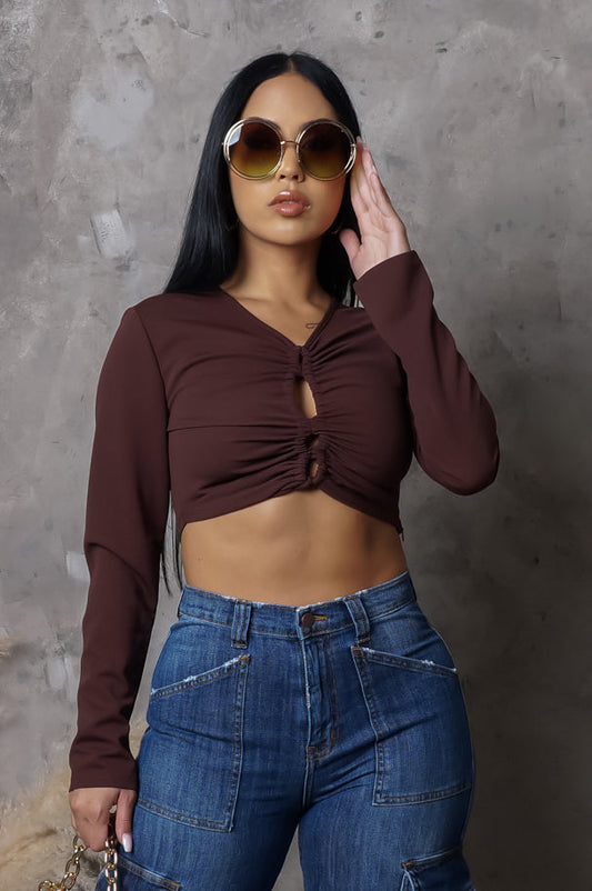 Brown Twist-Front Fitted Long Sleeve Crop Top (XS–L)