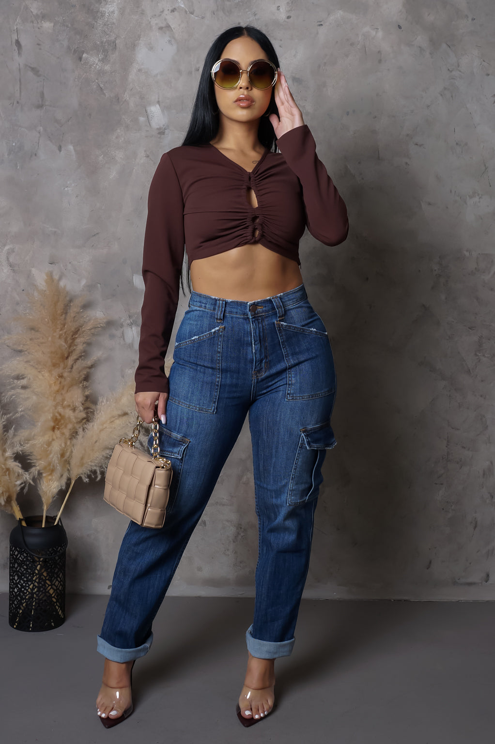 Brown Twist-Front Fitted Long Sleeve Crop Top (XS–L)