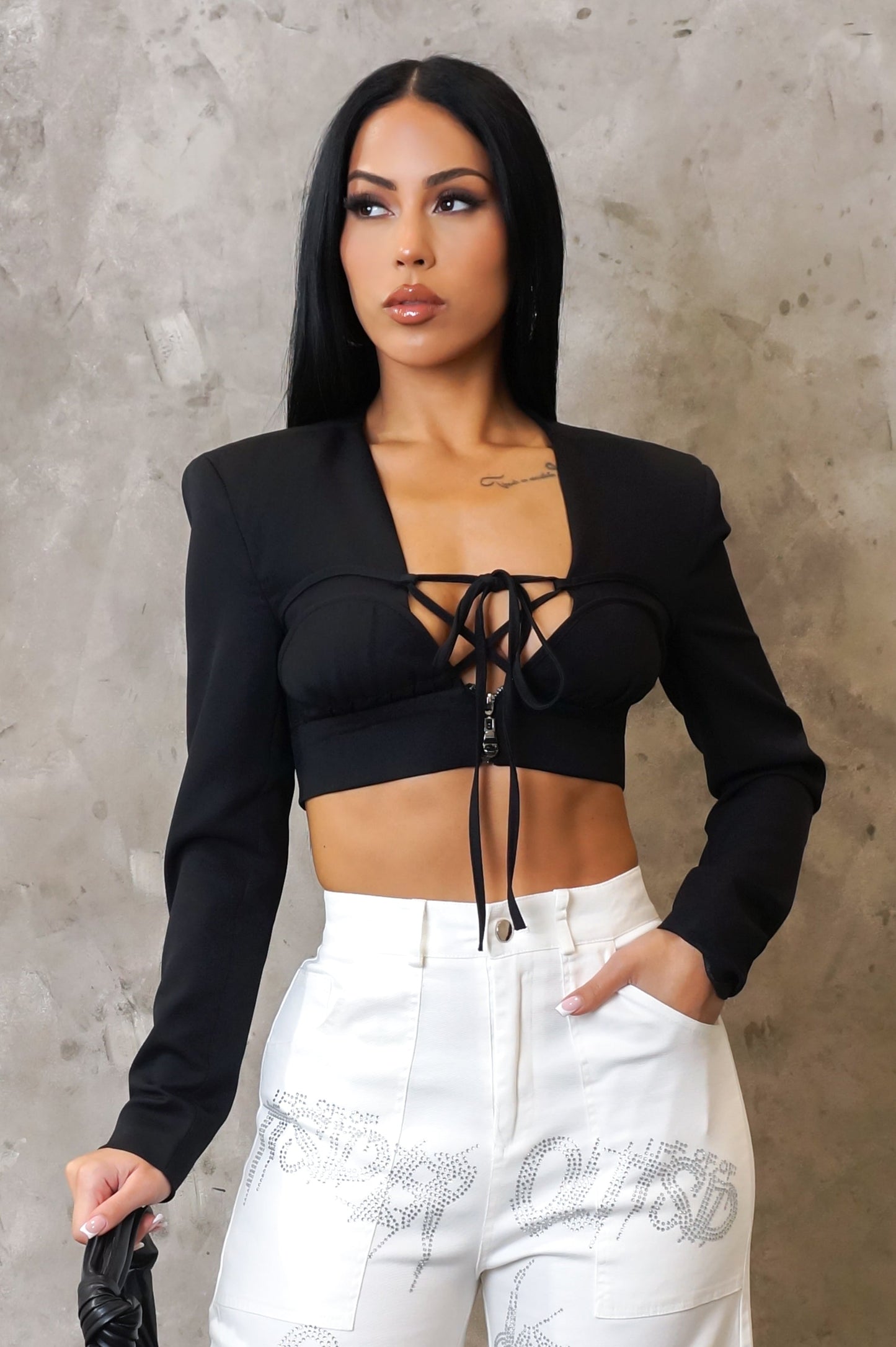 Black Lace-Up Deep V Fitted Long Sleeve Crop Top (XS–L)