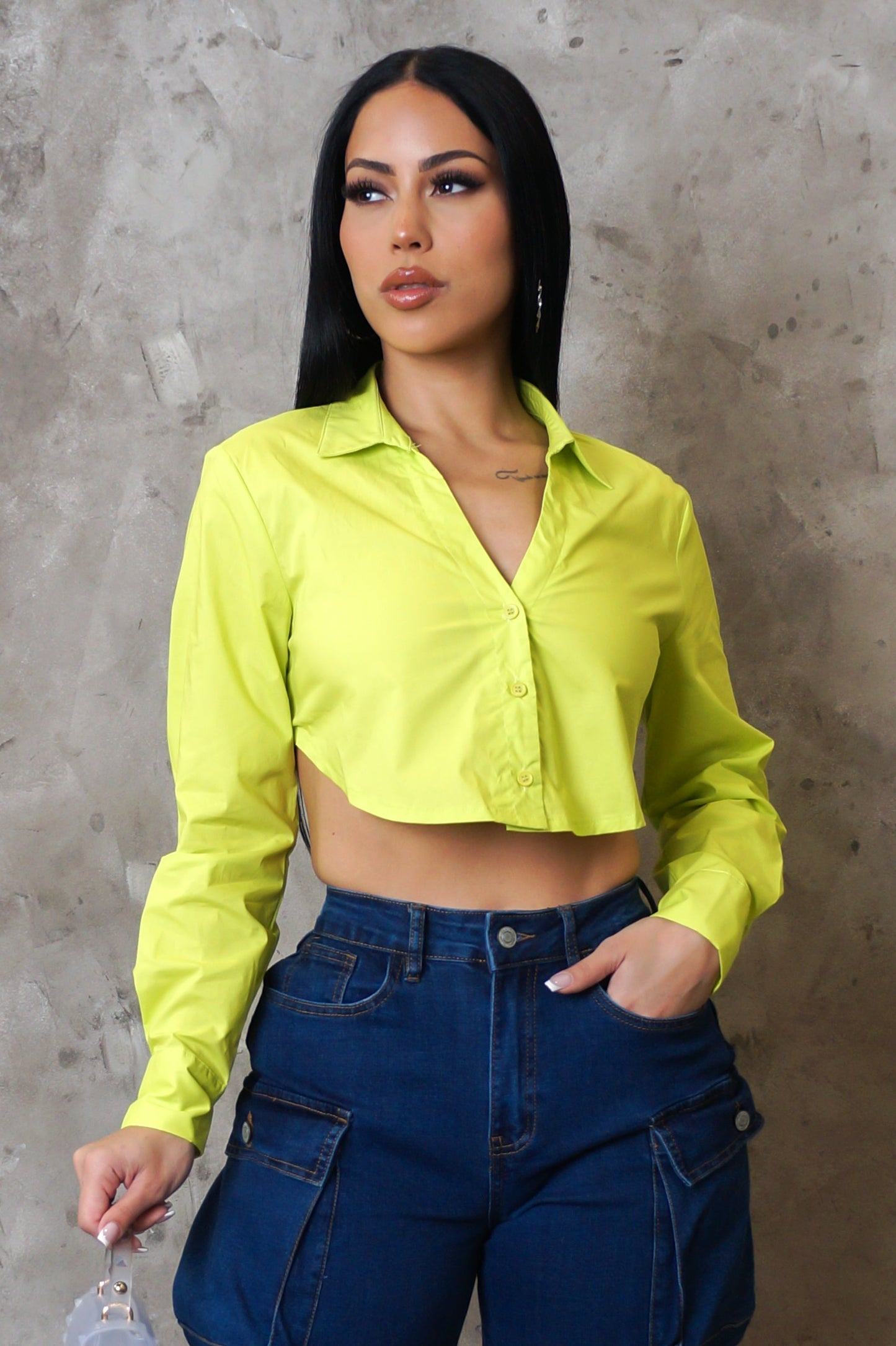 Neon Green Collared Fitted Long Sleeve Crop Top (XS–L)