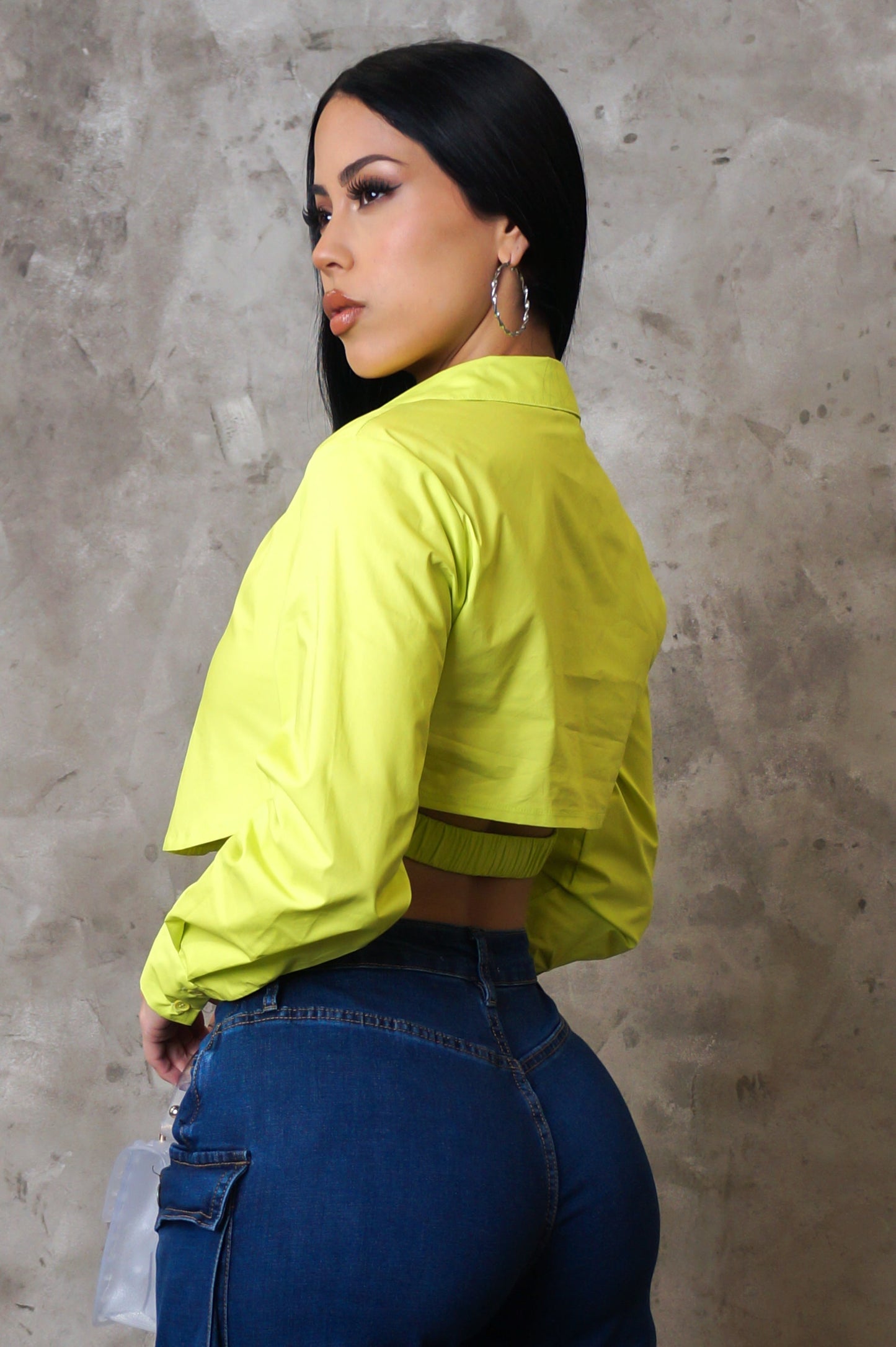 Neon Green Collared Fitted Long Sleeve Crop Top (XS–L)