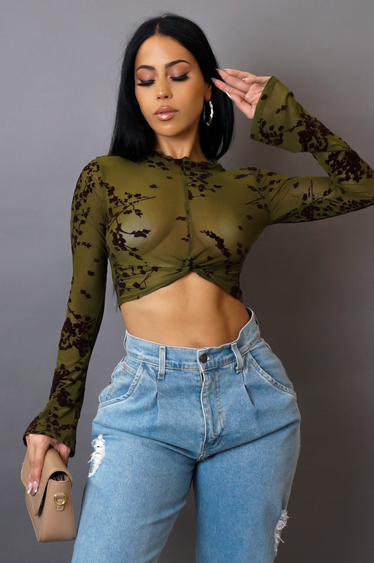 Green Sheer Printed Fitted Long Sleeve Crop Top (XS–L)