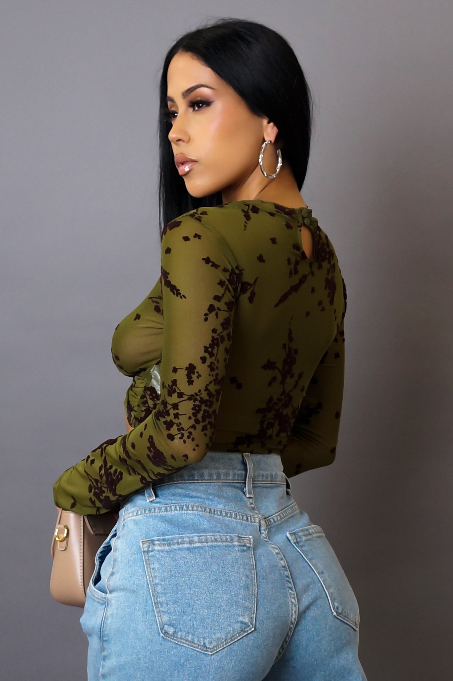 Green Sheer Printed Fitted Long Sleeve Crop Top (XS–L)