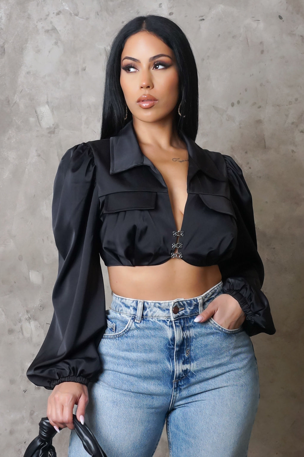 Black Puff-Sleeve V-Neck Crop Top (XS–L)