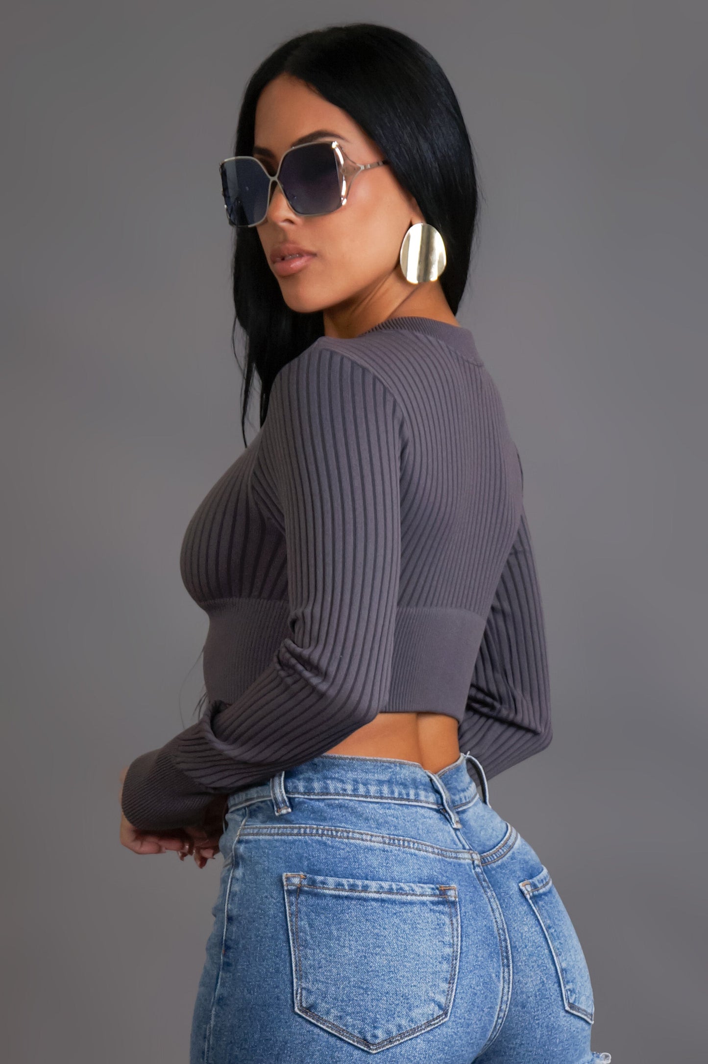 Grey Ribbed Zip-Up Fitted Long Sleeve Crop Top (XS–L)