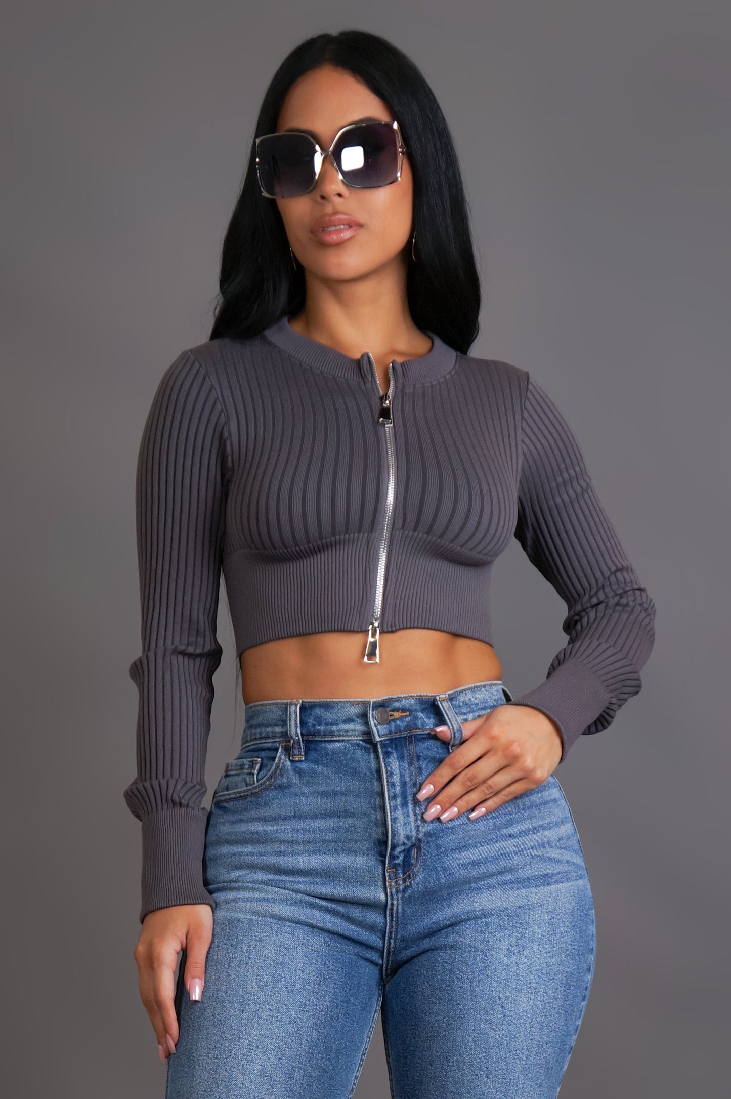 Grey Ribbed Zip-Up Fitted Long Sleeve Crop Top (XS–L)