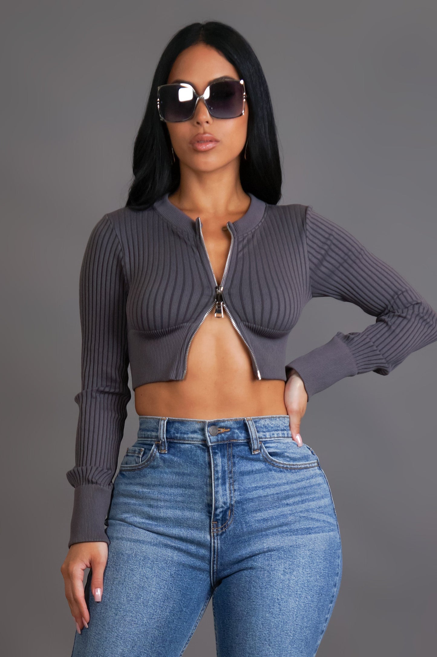 Grey Ribbed Zip-Up Fitted Long Sleeve Crop Top (XS–L)