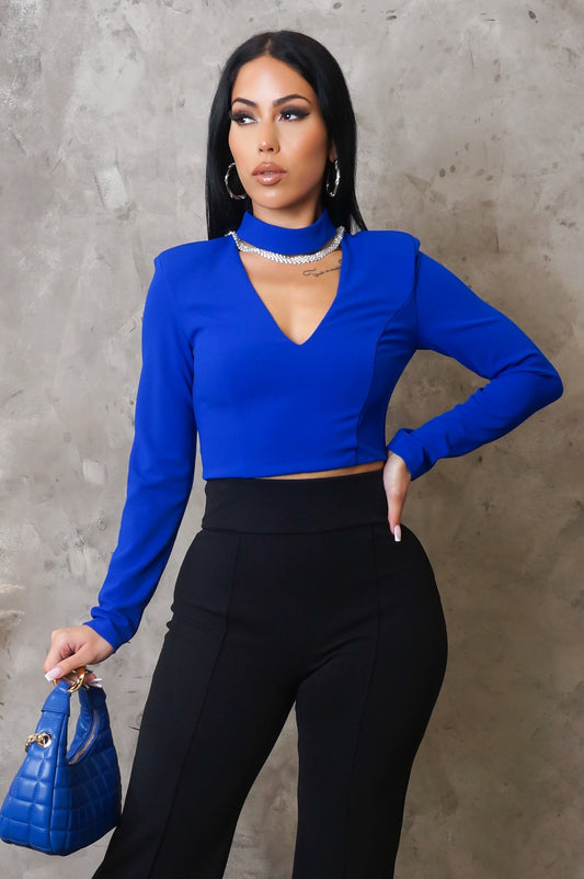 Royal Blue Cut-Out High Neck Fitted Crop Top (XS–L)