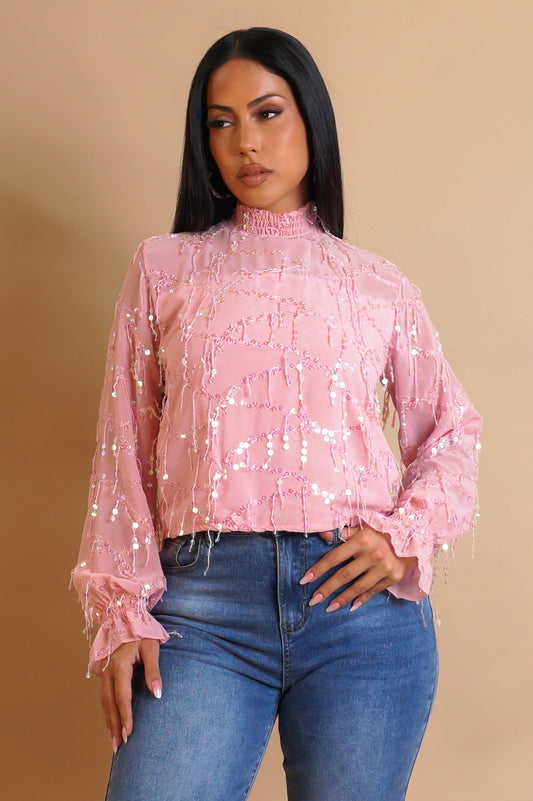Pink Ruffle Mock Neck Chiffon Long Sleeve Blouse (XS–L)