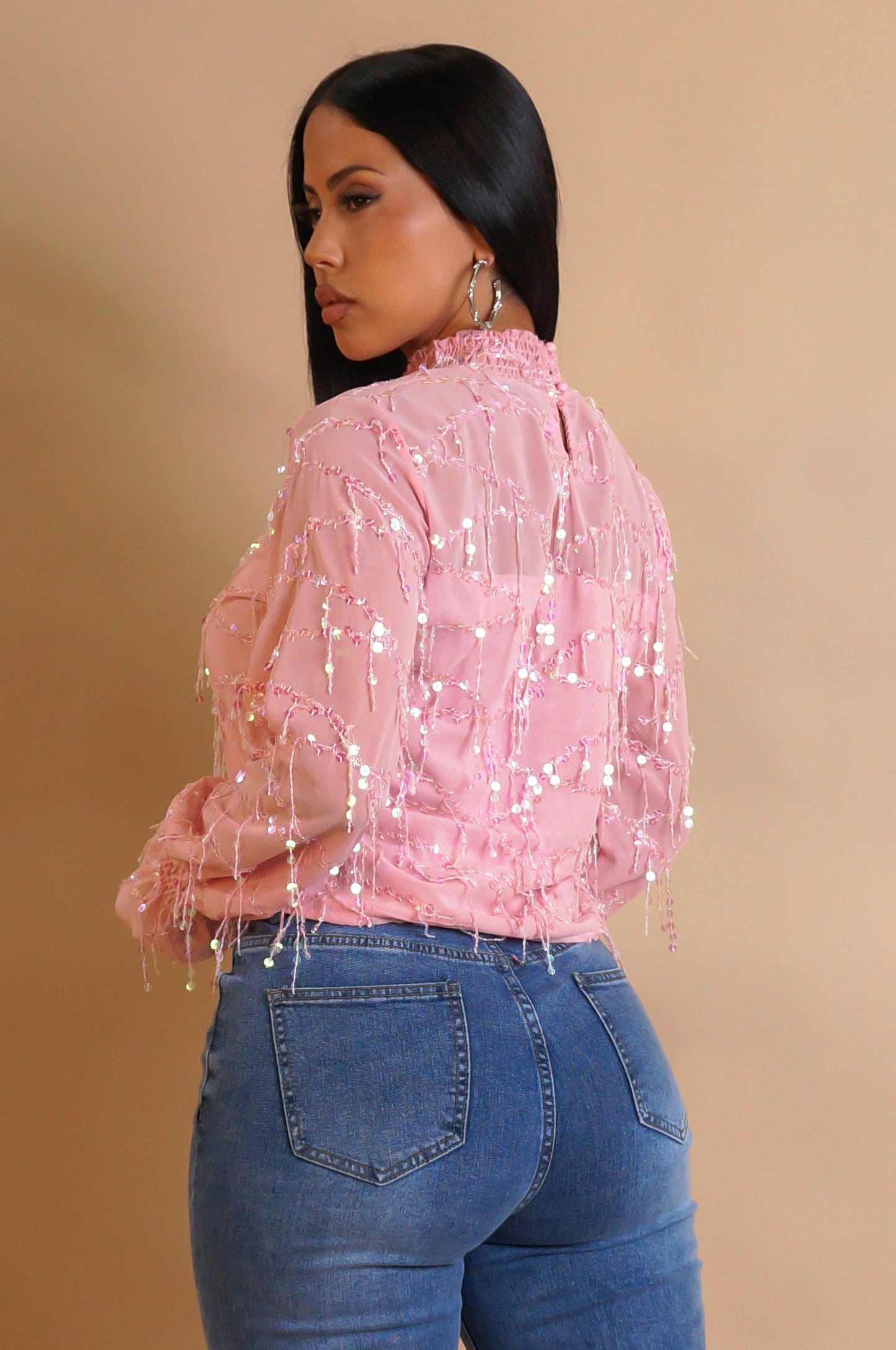 Pink Ruffle Mock Neck Chiffon Long Sleeve Blouse (XS–L)