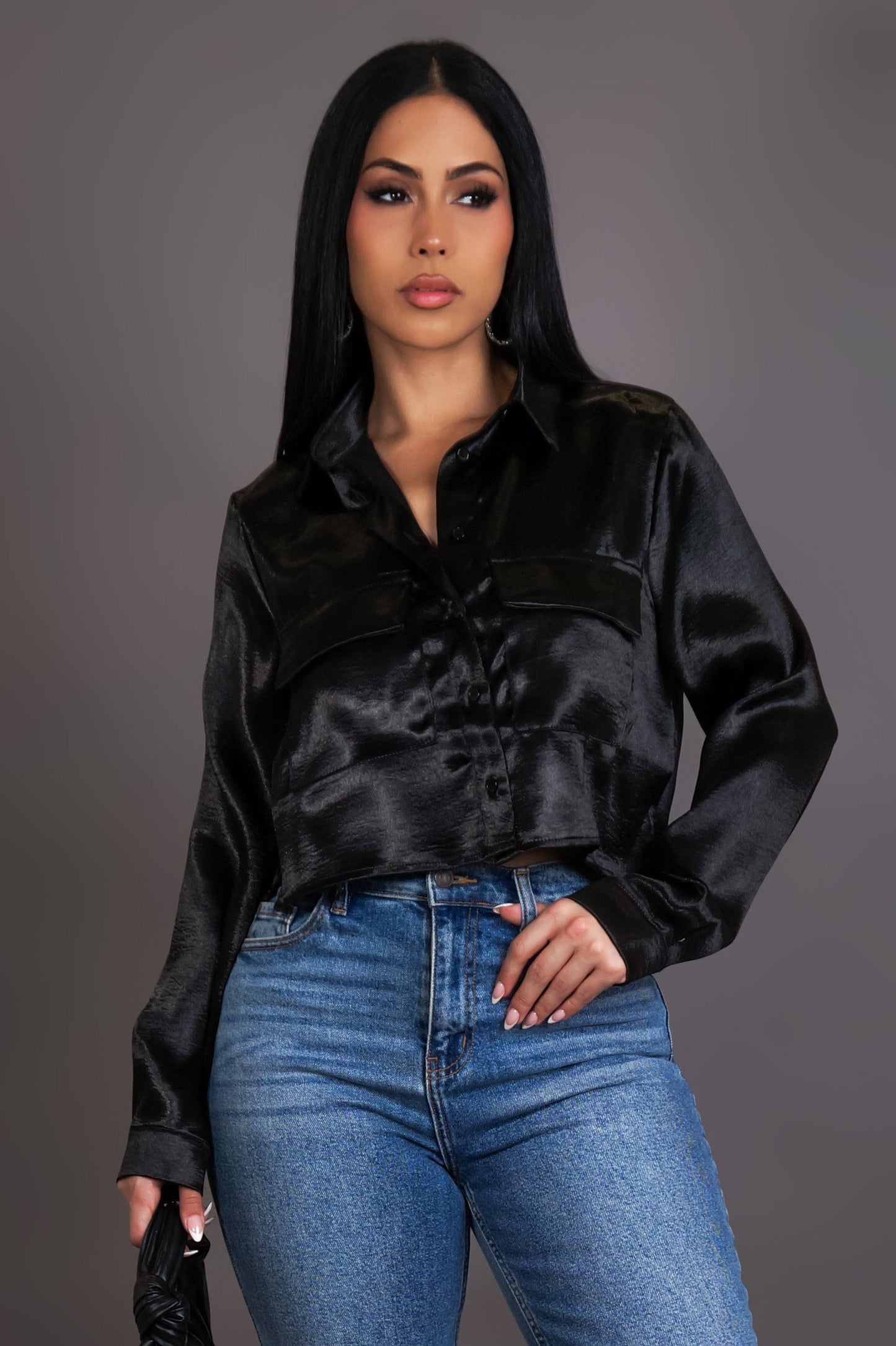Black Satin Collared Fitted Long Sleeve Crop Top (XS–L)