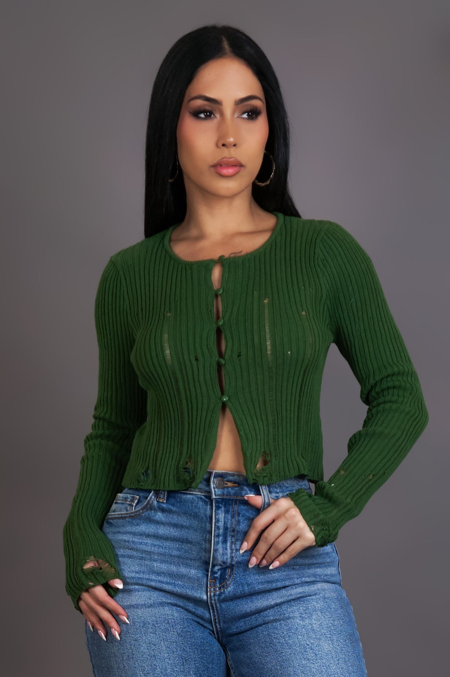 Green Ribbed Button-Up Fitted Long Sleeve Crop Top (XS–L)