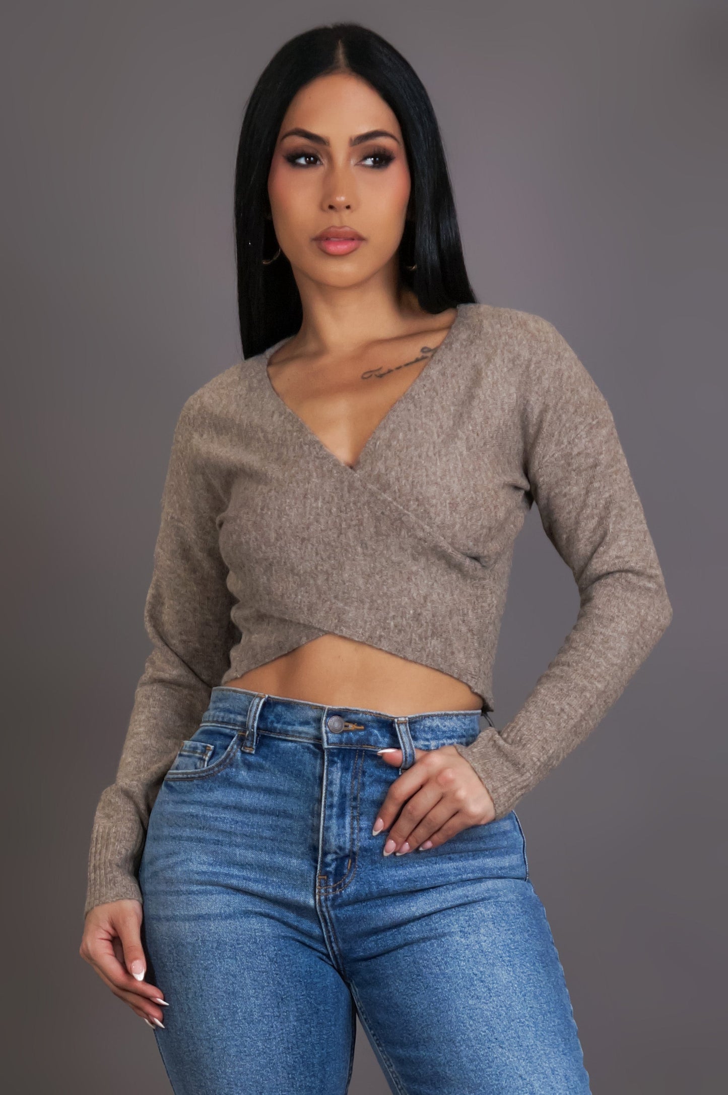 Taupe Ribbed Wrap V-Neck Fitted Long Sleeve Crop Top (XS–L)
