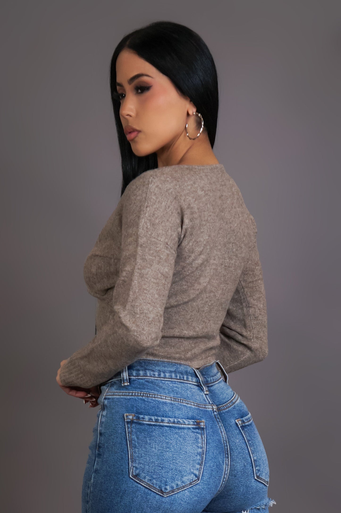 Taupe Ribbed Wrap V-Neck Fitted Long Sleeve Crop Top (XS–L)