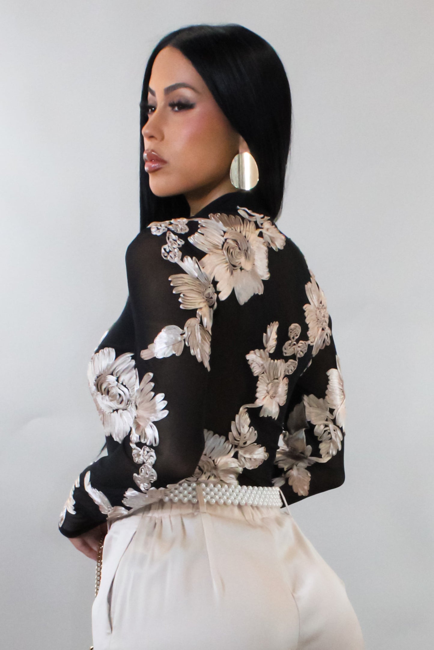 Black Floral Mock Neck Fitted Long Sleeve Top (XS–L)