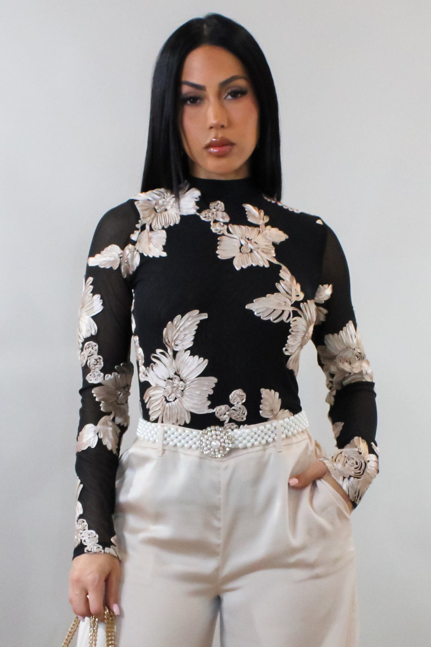 Black Floral Mock Neck Fitted Long Sleeve Top (XS–L)