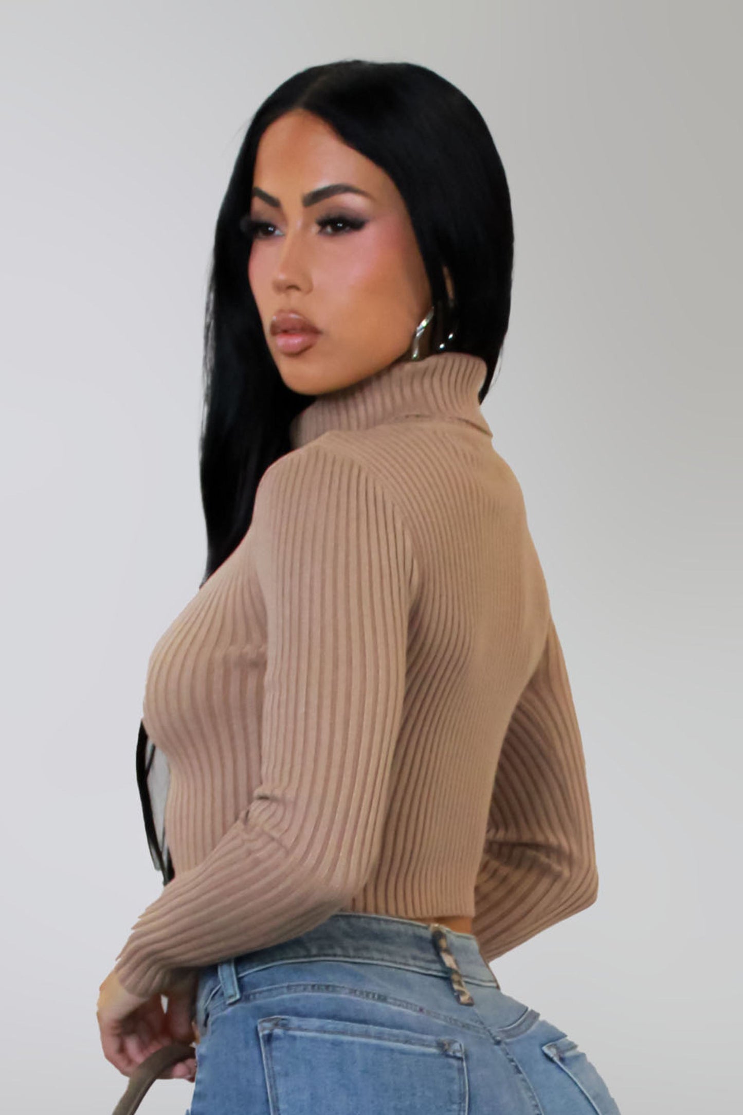 Brown Ribbed Turtleneck Fitted Long Sleeve Crop Top (XS–L)