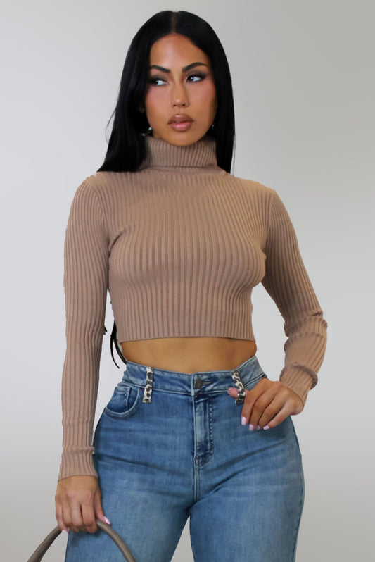 Brown Ribbed Turtleneck Fitted Long Sleeve Crop Top (XS–L)
